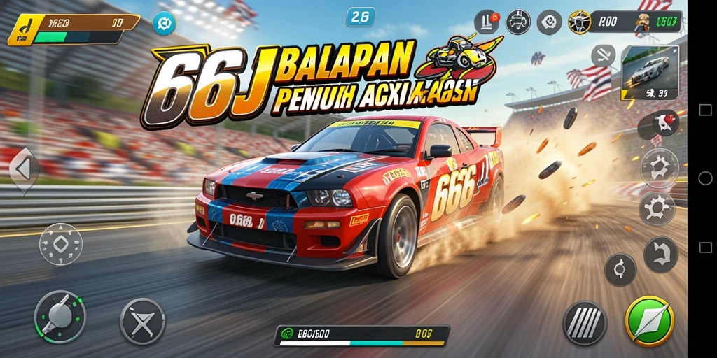 Tampilan gameplay 666J dengan mobil balap dan trek yang menantang.