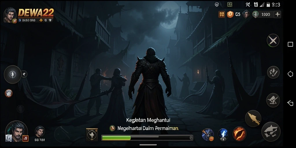 Screenshot gameplay DEWA22 dengan suasana gelap dan menakutkan.