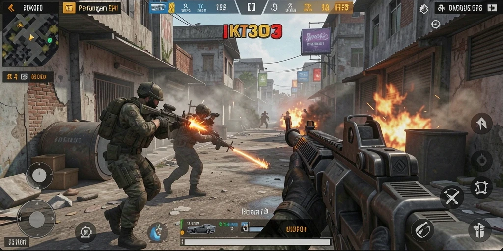Gameplay intens JKT303 dengan aksi tembak-menembak seru.