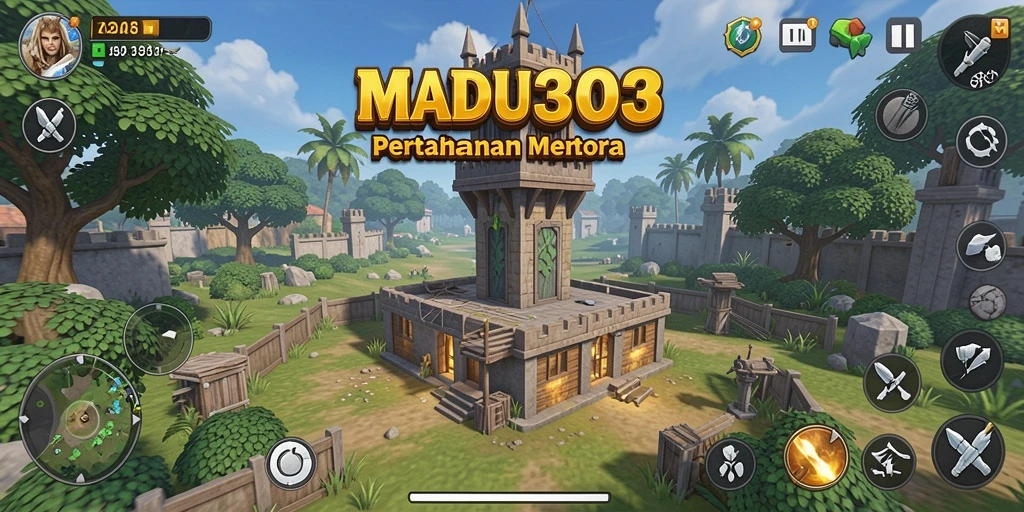 Screenshot gameplay MADU303 menampilkan pertahanan menara yang strategis.