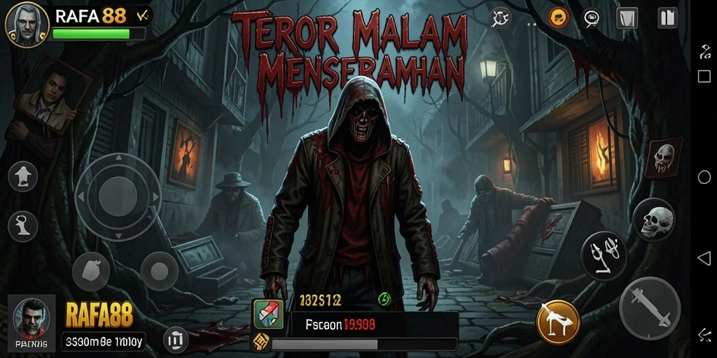 Screenshot menampilkan gameplay menyeramkan RAFA88 dengan suasana gelap dan makhluk menyeramkan.