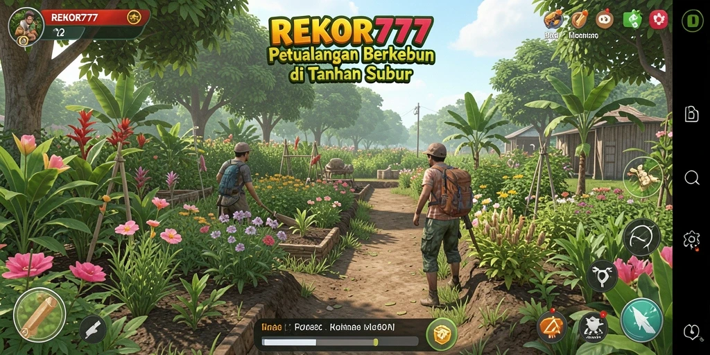 Tangkapan layar menarik dari gameplay REKOR777 menampilkan kebun yang subur.