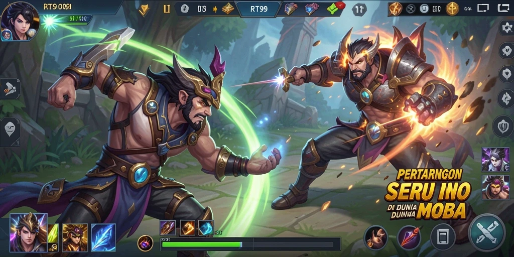 Screenshot utama RT99 menampilkan aksi seru dalam pertandingan MOBA.